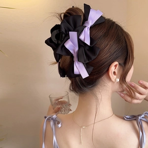 Elegant large bow hair claw clip with black and purple satin layers for women hairstyles