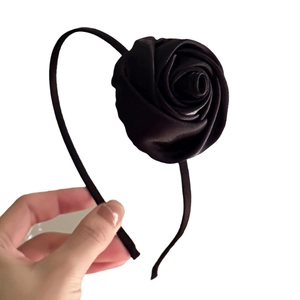 Elegant French vintage black satin rose headband for women with a large floral design