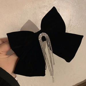 Détail d'un nœud papillon en velours noir avec d'élégants longs glands en cristal