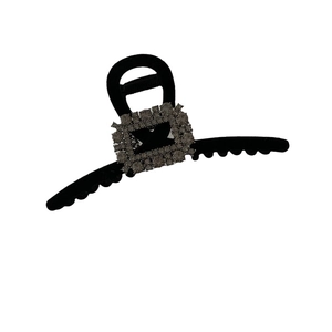 Elegant large black velvet hair claw clip with grey square rhinestone embellishment