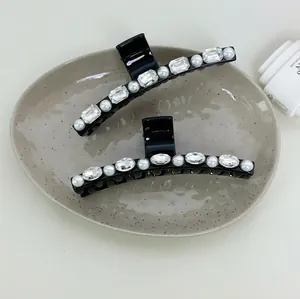 Lot de pinces à cheveux noires style français avec perles blanches et cristaux brillants