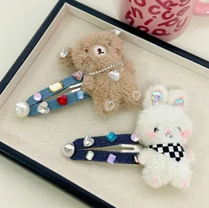 Cute Plush Bear Rabbit Hair Clip Denim Cloth Colorful Rhinestone Faux Artificial Pearl Hairpins For Women Girls Korean Style Accessory