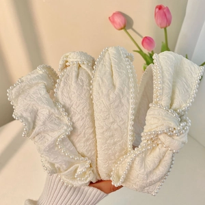 French Elegant Creamy White Artificial Pearl Headband Large Bowknot Floral Jacquard Hairband Fabric Hair Accessories For Women Daily Party