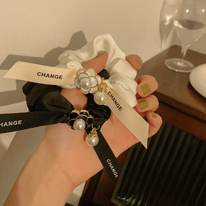 Elegant Satin Scrunchie With Flower Pendant Faux Artificial Pearl Letter Ribbon Bow Elastic Hair Tie Hair Accessories For Women