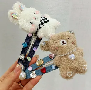 Cute plush rabbit and bear denim hair clips with sparkling rhinestones and pearls