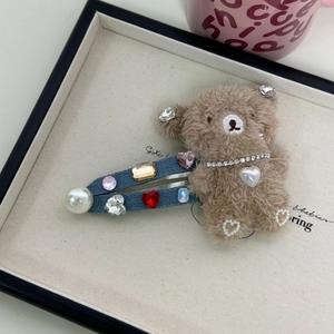 Cute brown plush bear hair claw clip with colorful rhinestones and denim fabric accents