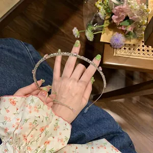 Sweet Pink Zircon Silver Alloy Headband For Women Thin Chain Texture Metal Hair Hoop Elegant Korean Hair Accessories Daily Outing