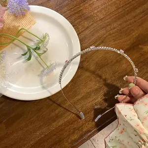 Silver thin headband with pink zircons and rhinestones for women hair styling accessory