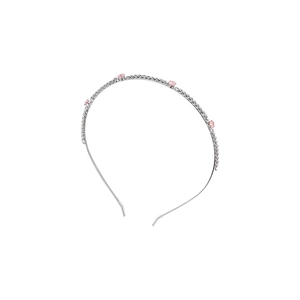 Silver chain textured headband for women decorated with four elegant pink crystals