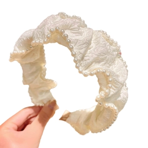 Cream white ruffle headband with faux pearls and embossed floral texture for women