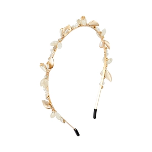 Elegant gold floral headband with white pearls and sparkling crystals on white background