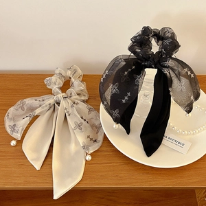 Elegant vintage bow hair scrunchies with floral ribbons and pearl pendants for women
