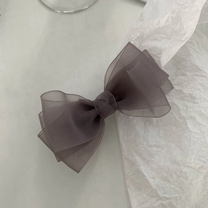 Sage green and grey organza bow hair clip with layered sheer fabric in French style