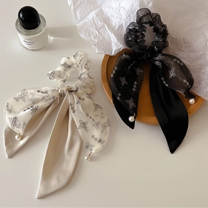 French Vintage Bow Streamer Scrunchies Chiffon Satin Fabric Floral Print Elastic Hair Tie With Faux Artificial Pearl For Women