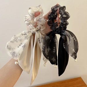 Elegant floral chiffon and satin hair scrunchies set with pearl pendants for women