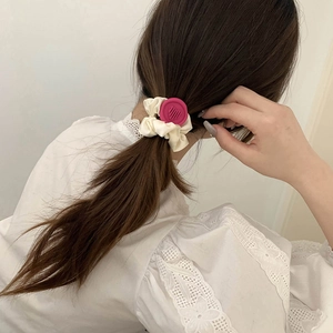 Korean Sweet Satin Scrunchie With Rose Red Heart Charm Elastic Elegant Hair Tie For Women Girls Daily Hair Accessory
