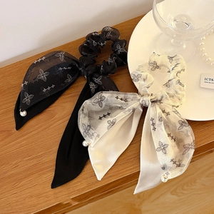 French vintage chiffon bow scrunchies in black and beige with floral print and pearl charms