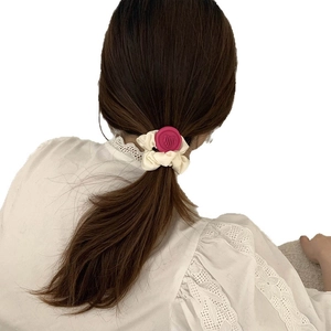 Elegant off-white ruffled hair scrunchie with rose pink heart seal for women hair styling