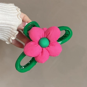 Grande Pince à Cheveux Fleur en Tissu Rose Rouge Élégante Pince en Acrylique Vert Épingle à Cheveux Faite à la Main pour Femme
