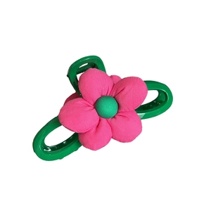 Grande pince à cheveux fleur rose en tissu avec base verte pour coiffure d'été