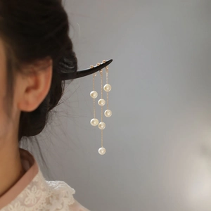 Vintage Wood Hair Stick With Artificial Pearl Tassel Chinese Style Elegant Hairpin For Women Cheongsam Hanfu Bun Accessories