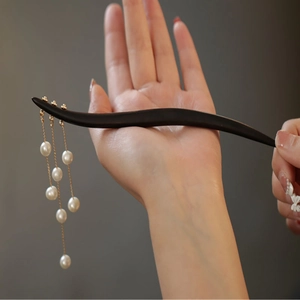 Elegant wooden hair stick with golden chains and white pearls for vintage hairstyles