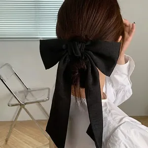 Grande Barrette Nœud Noir pour Femmes Élégant Aspect Satiné Nœud avec Longs Rubans Accessoires Cheveux Style Français pour Fête