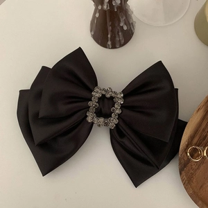 Elegant large black satin ribbon hair clip with sparkling square rhinestone buckle ornament