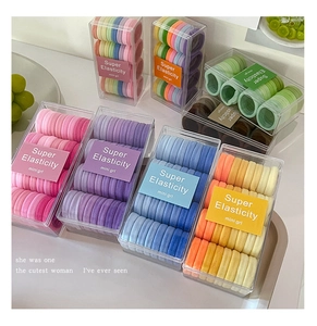 Macro shot of colorful high elasticity hair ties in transparent retail box packaging