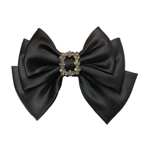 Elegant black satin multi-layer bow hair clip featuring a sparkling square diamond buckle