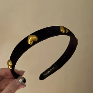 Vintage Flocked Heart Headband Women Black Polyester Cotton Hair Hoop Gold Heart Decoration Retro Hair Accessories