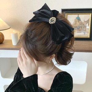 Pince à Cheveux Grand Nœud en Velours Noir Rétro Français pour Femmes Élégant Rose en Relief Künstliche Perle Pince à Ressort Accessoires Cheveux