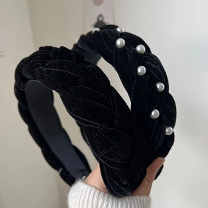 Vintage Black Satin Braided Headband For Women Elegant Faux Artificial Pearl Twisted Hair Hoop Wide Padded Fabric Hair Accessories