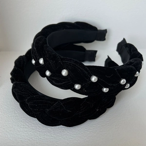 Elegant two-piece black velvet braided headband set with pearl accents for women