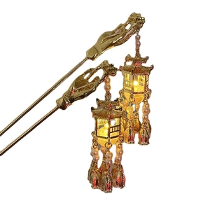 Épingles à cheveux lanterne chinoise dorée avec lanternes lumineuses et pompons