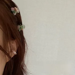 Detailed close-up of a mini floral resin hair clip with elegant zircon earring accents