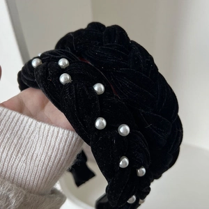 Elegant black velvet braided headband set featuring one pure twist and one with pearls