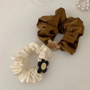 Set of 2 elegant flower satin scrunchies in coffee and cream colors for women