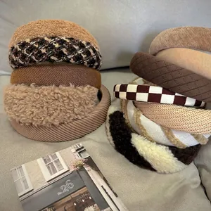 Women's Vintage Wide Padded Headband Autumn Winter Thickened Plush Tweed Hair Band Retro Checkered Hair Hoop Accessories