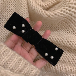 Vintage Black Velvet Bow Hair Clip With Faux Artificial Pearls Elegant French Style Bowknot Spring Clip For Women Hair Accessories