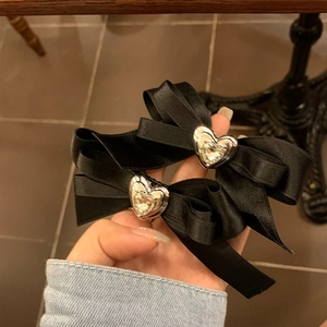 French Vintage Black Satin Fabric Bow Hair Clip With Rhinestone Heart For Women Sweet Bowknot Alligator Clip Hair Accessories