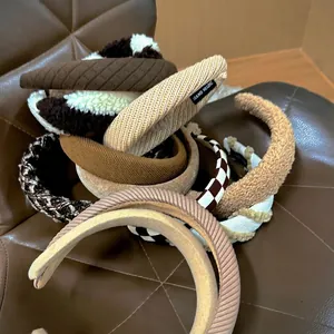 Winter plush wide headband set in milk tea brown colors with high skull top style