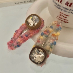 Handmade Crochet Knitted Fabric Hair Clips With Rhinestone Sweet Mori Style Duckbill Clip For Women Girls Hair Accessories