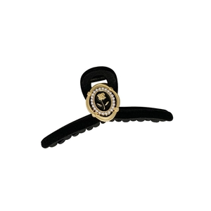 French vintage velvet claw clip with golden rose relief and pearl embellishment