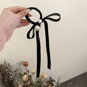 French vintage black silk satin ribbon bow hair tie with pearl pendant detail