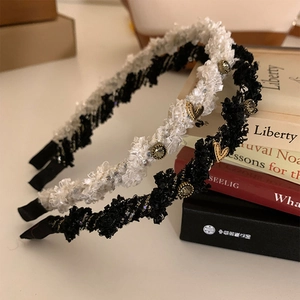 French Vintage Tweed Heart Headband For Women Retro Rhinestone Hairband Elegant Fashion Hair Accessories