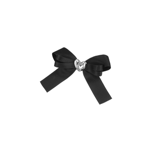 Black satin double bow hair clip featuring a sparkling heart rhinestone center