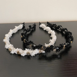 French tweed heart headband set in black and white with gold rhinestone charms