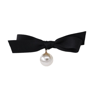 French vintage black silk bow hair clip with an elegant hanging white pearl pendant