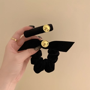 Elegant Velvet Bowknot Hair Scrunchie Alloy Metal Button Hair Clip Retro Chic Ponytail Holder Hair Accessories For Women